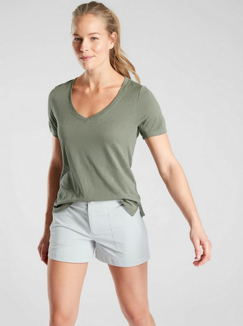 Athleta Laurel Olive Scoop V-Neck Short Sleeve Breezy Tee Top
