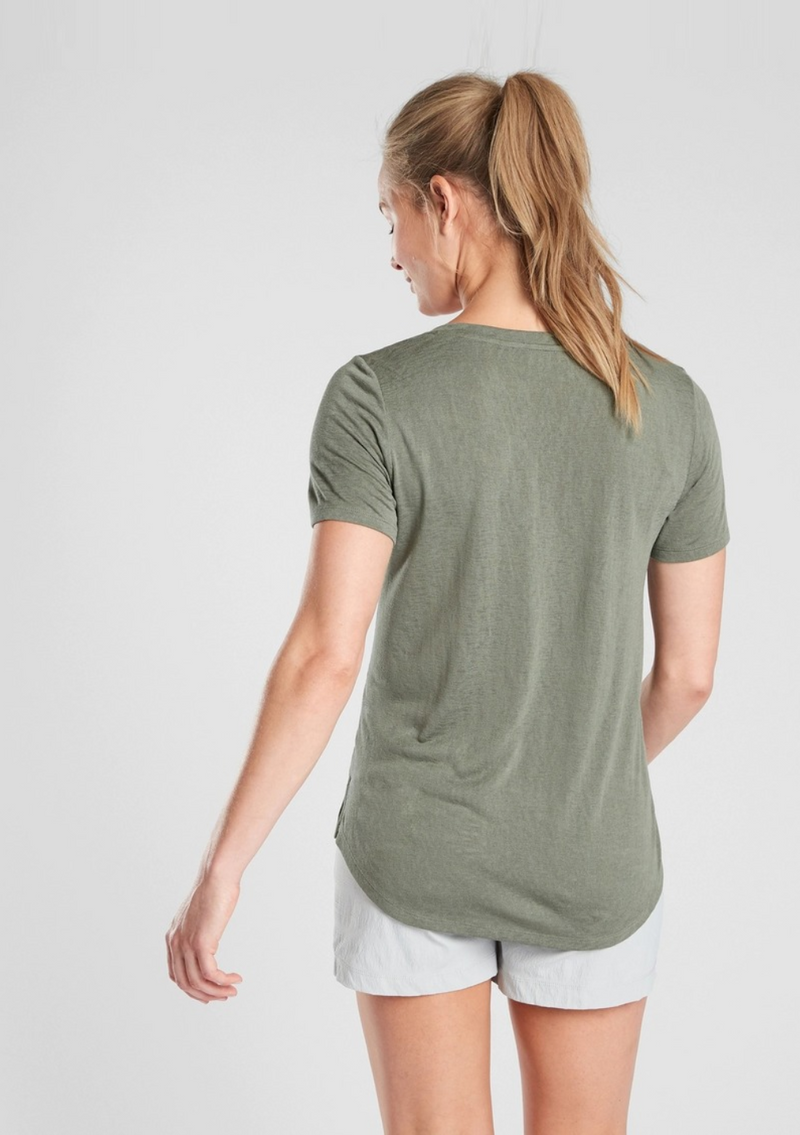 Athleta Laurel Olive Scoop V-Neck Short Sleeve Breezy Tee Top