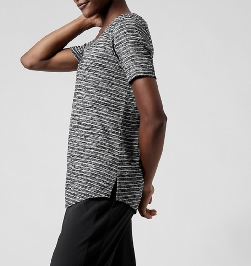 Athleta Charcoal Grey Striped Scoop V-Neck Short Sleeve Breezy Tee Top