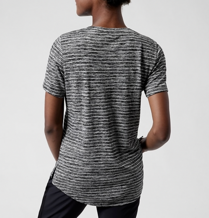 Athleta Charcoal Grey Striped Scoop V-Neck Short Sleeve Breezy Tee Top