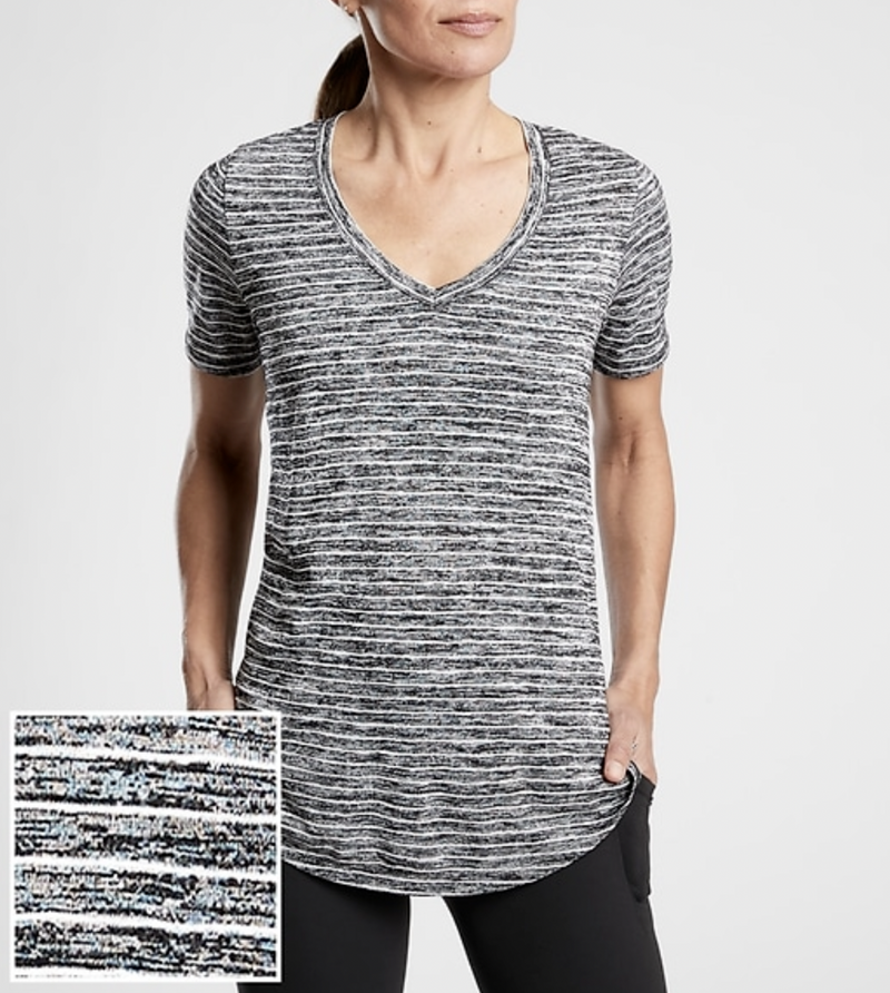 Athleta Charcoal Grey Striped Scoop V-Neck Short Sleeve Breezy Tee Top