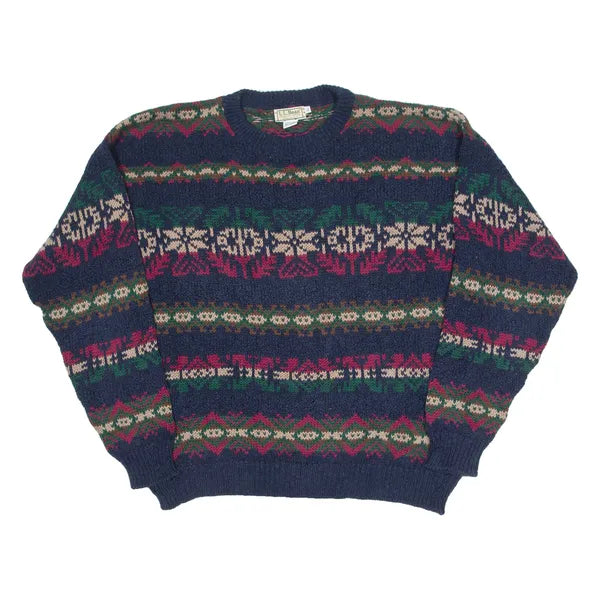 LL BEAN Mens Patterned Jumper Blue Geometric Chunky Knit L