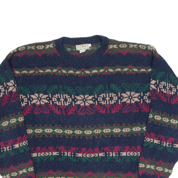LL BEAN Mens Patterned Jumper Blue Geometric Chunky Knit L