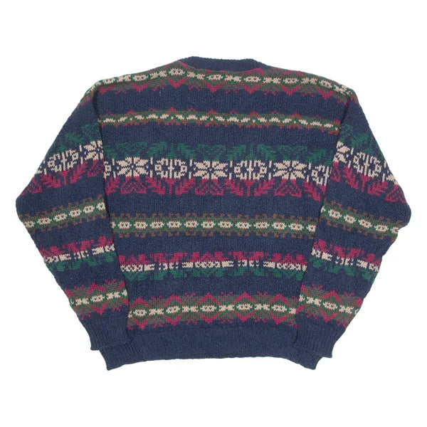 LL BEAN Mens Patterned Jumper Blue Geometric Chunky Knit L