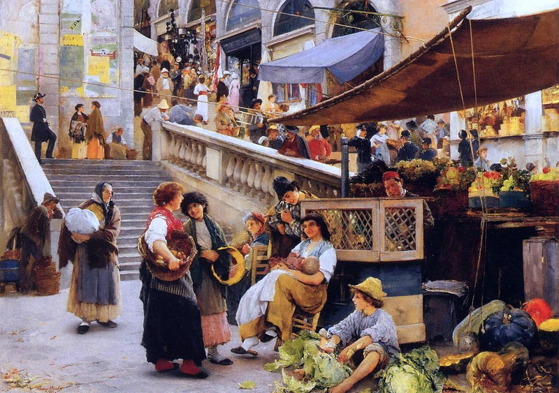 At the Foot of the Rialto, Venice by Henry Woods - Hand Painted Oil Painting
