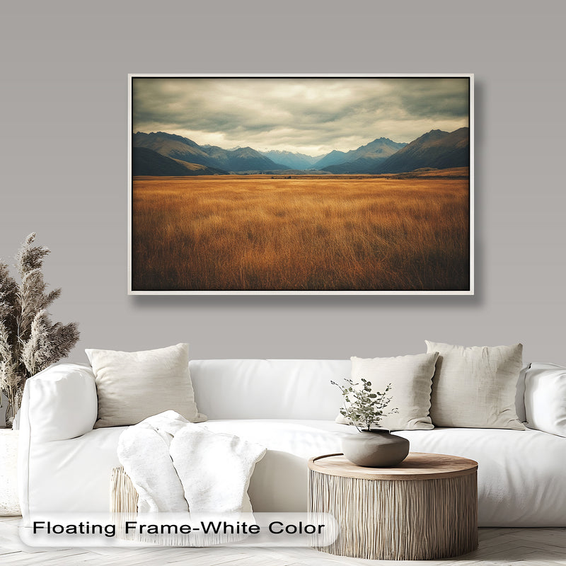Golden Meadow Oil Painting – Majestic Mountain Landscape