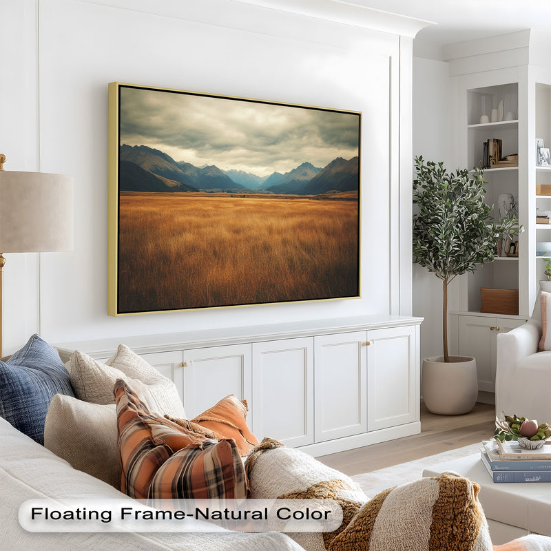 Golden Meadow Oil Painting – Majestic Mountain Landscape