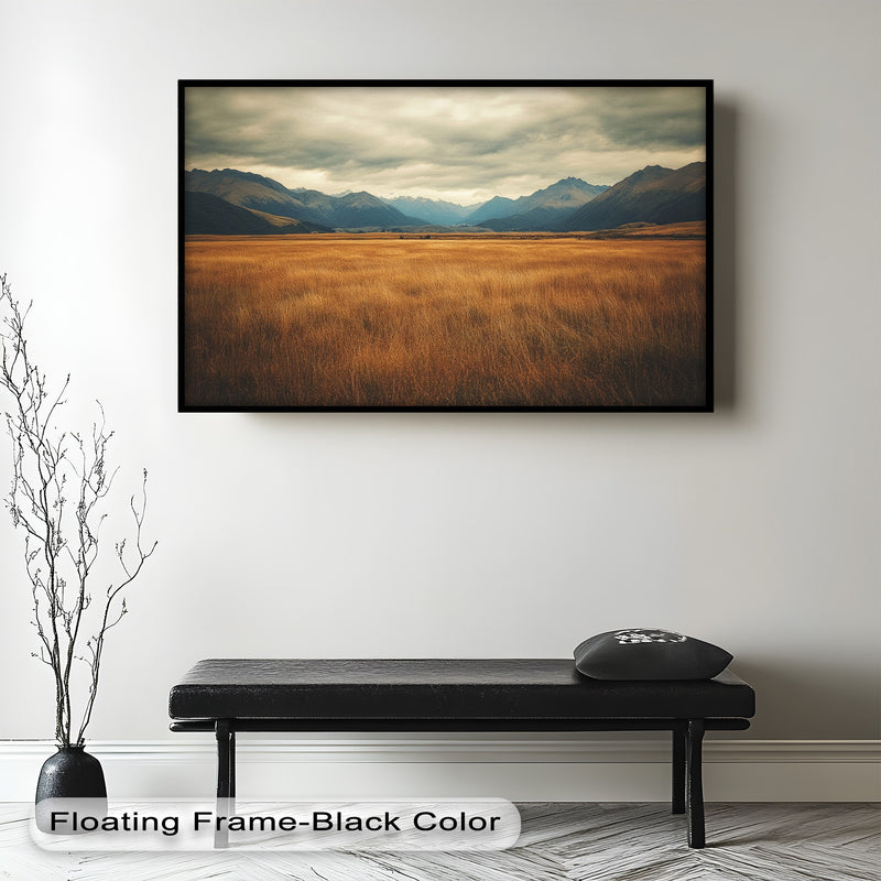 Golden Meadow Oil Painting – Majestic Mountain Landscape