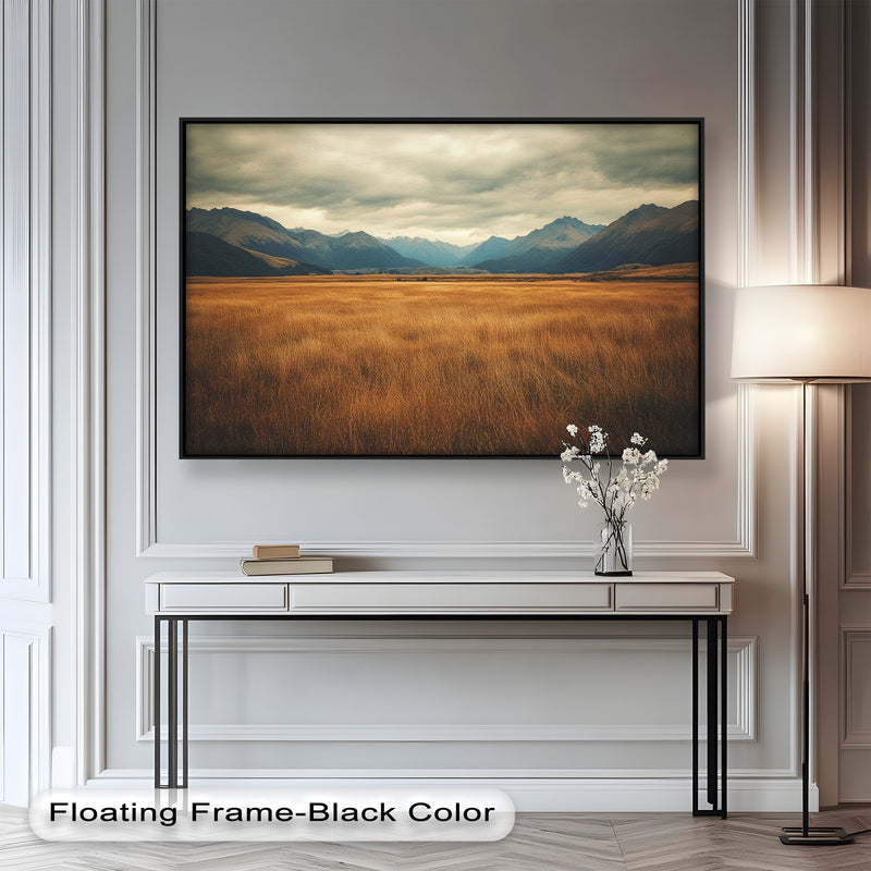 Golden Meadow Oil Painting – Majestic Mountain Landscape