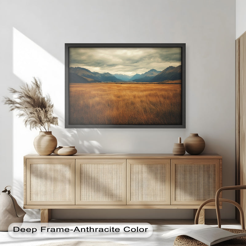 Golden Meadow Oil Painting – Majestic Mountain Landscape
