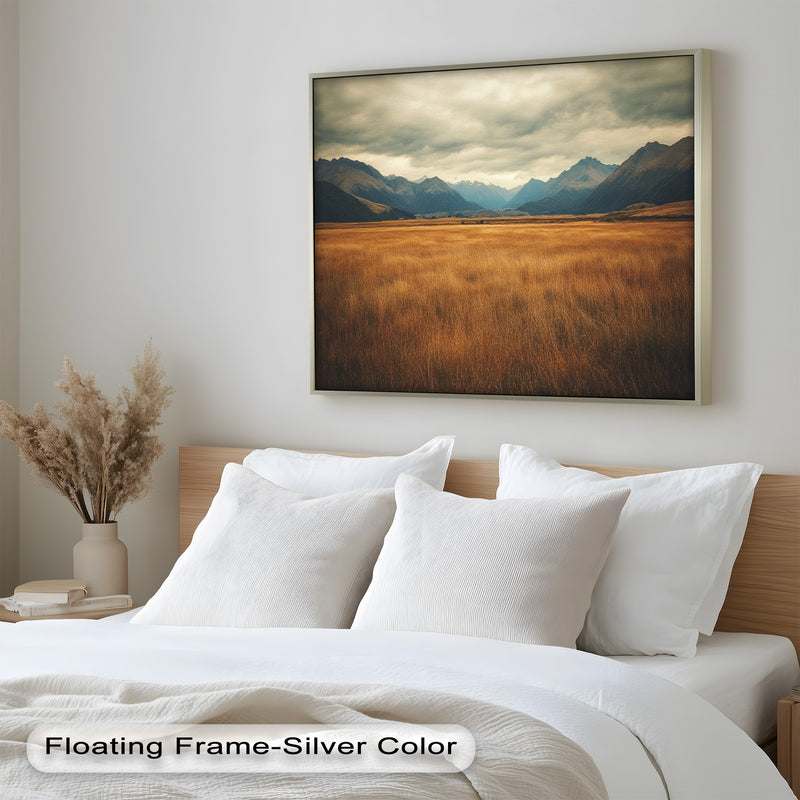Golden Meadow Oil Painting – Majestic Mountain Landscape