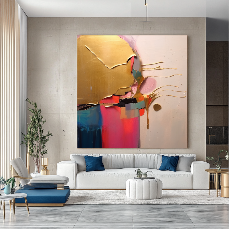 Gold Blue Abstract Art - Modern Impasto Oil Painting on Canvas for Living Room, Office, Hotel
