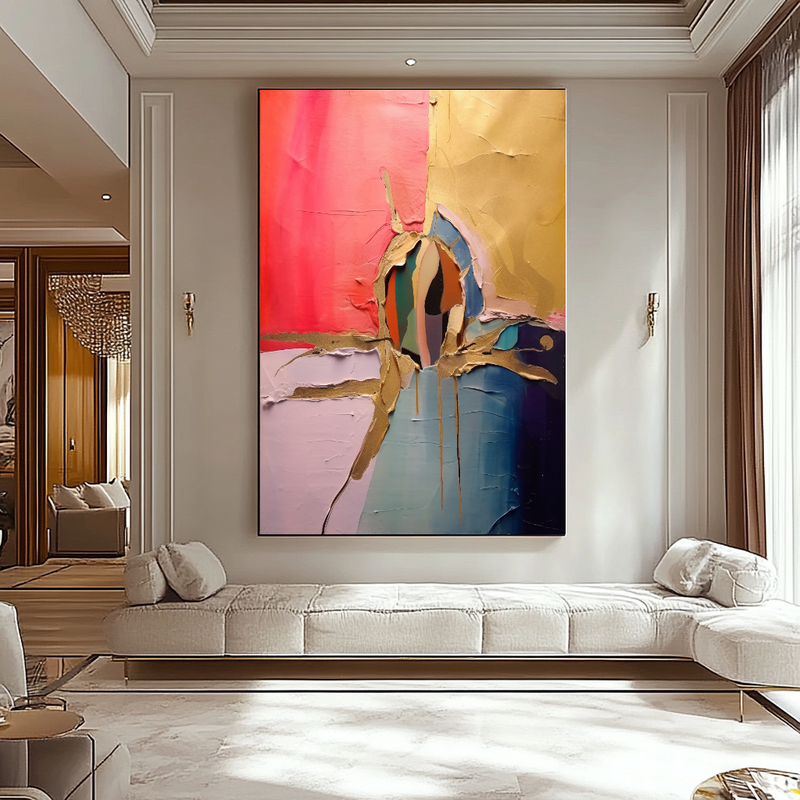 Gold Blue Abstract Art - Modern Impasto Oil Painting on Canvas for Living Room, Office, Hotel
