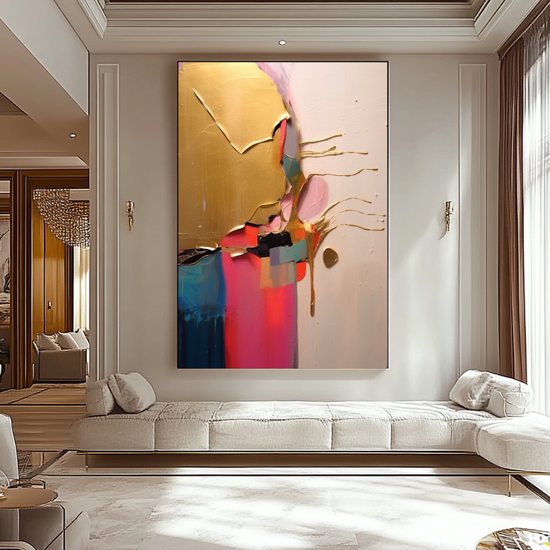 Gold Blue Abstract Art - Modern Impasto Oil Painting on Canvas for Living Room, Office, Hotel