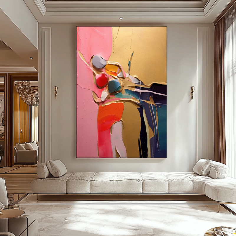 Gold Blue Abstract Art - Modern Impasto Oil Painting on Canvas for Living Room, Office, Hotel