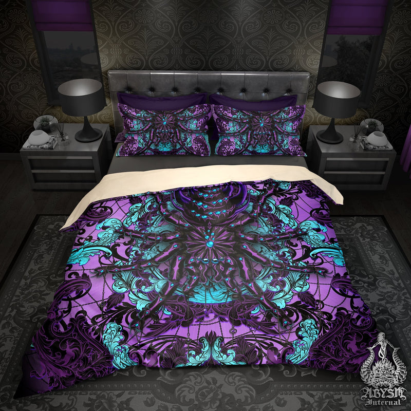 Pastel Goth Bedding Set, Comforter or Duvet, Bed Cover, Bedroom Decor, King, Queen & Twin Size - Tarantula Spider Black and Purple