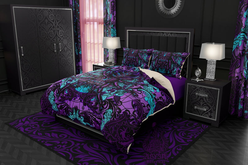 Pastel Goth Bedding Set, Comforter or Duvet, Bed Cover, Bedroom Decor, King, Queen & Twin Size - Tarantula Spider Black and Purple