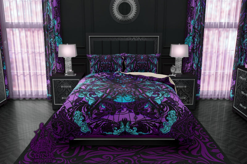 Pastel Goth Bedding Set, Comforter or Duvet, Bed Cover, Bedroom Decor, King, Queen & Twin Size - Tarantula Spider Black and Purple