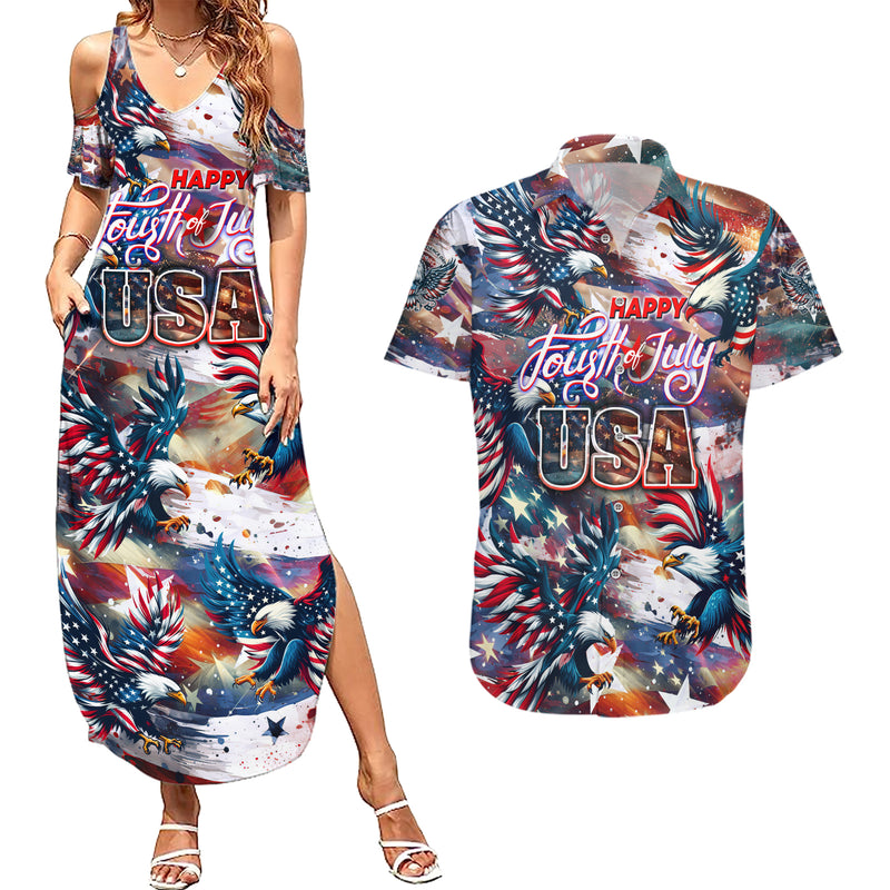 Happy Fourth of July Couples Matching Summer Maxi Dress and Hawaiian Shirt American Eagle Flag US Independence Day DT02