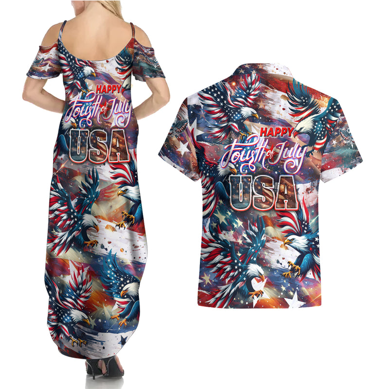 Happy Fourth of July Couples Matching Summer Maxi Dress and Hawaiian Shirt American Eagle Flag US Independence Day DT02