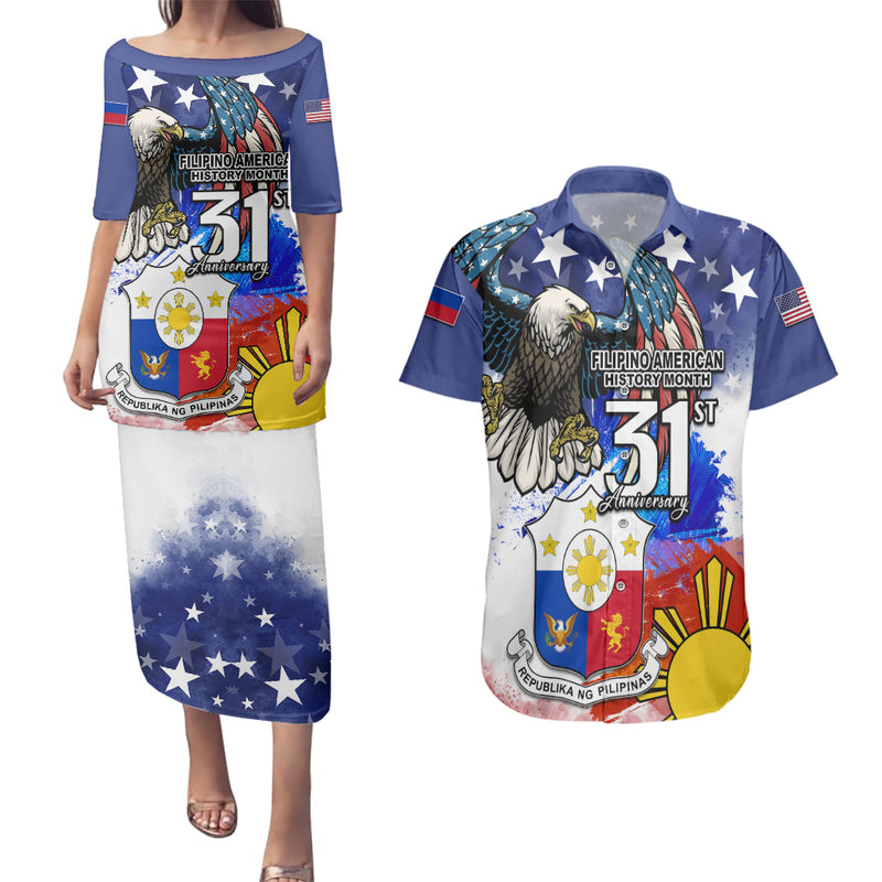 Filipino American History Month Couples Matching Puletasi Dress and Hawaiian Shirt Filipino Coat Of Arms and American Eagle Splash Style LT03