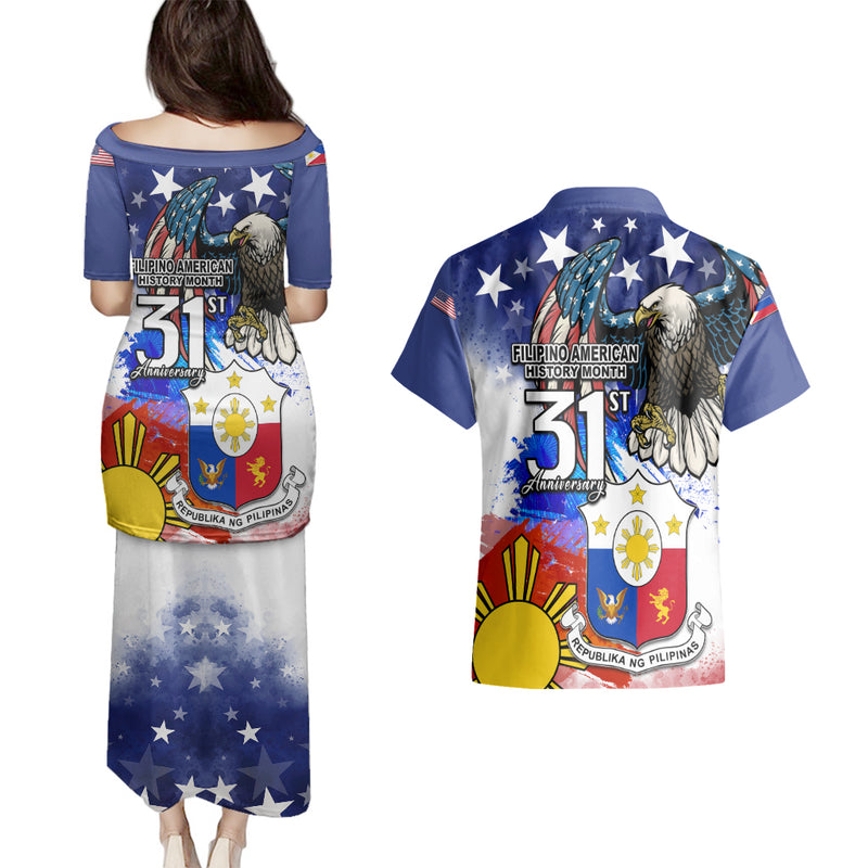 Filipino American History Month Couples Matching Puletasi Dress and Hawaiian Shirt Filipino Coat Of Arms and American Eagle Splash Style LT03