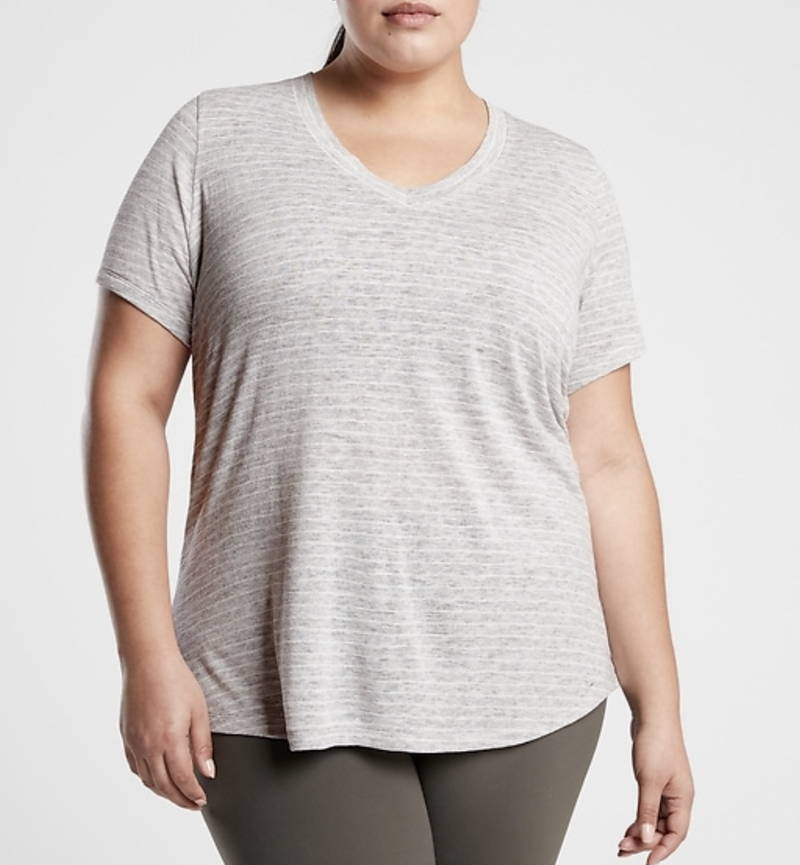 Athleta Heather Grey Striped Scoop V-Neck Short Sleeve Breezy Tee Top