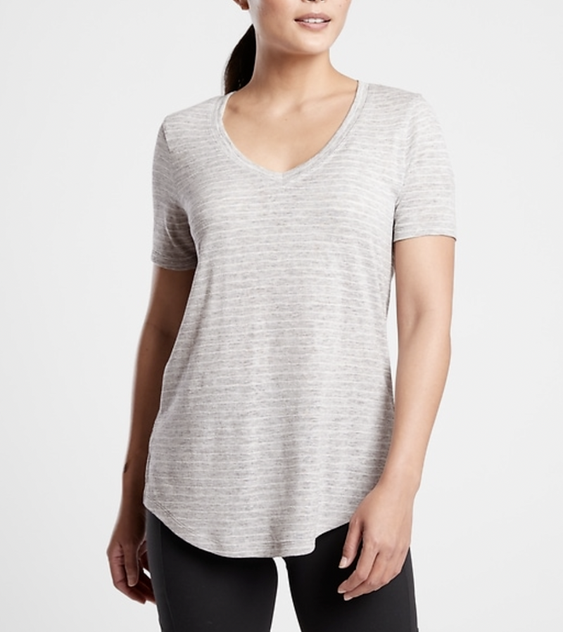 Athleta Heather Grey Striped Scoop V-Neck Short Sleeve Breezy Tee Top