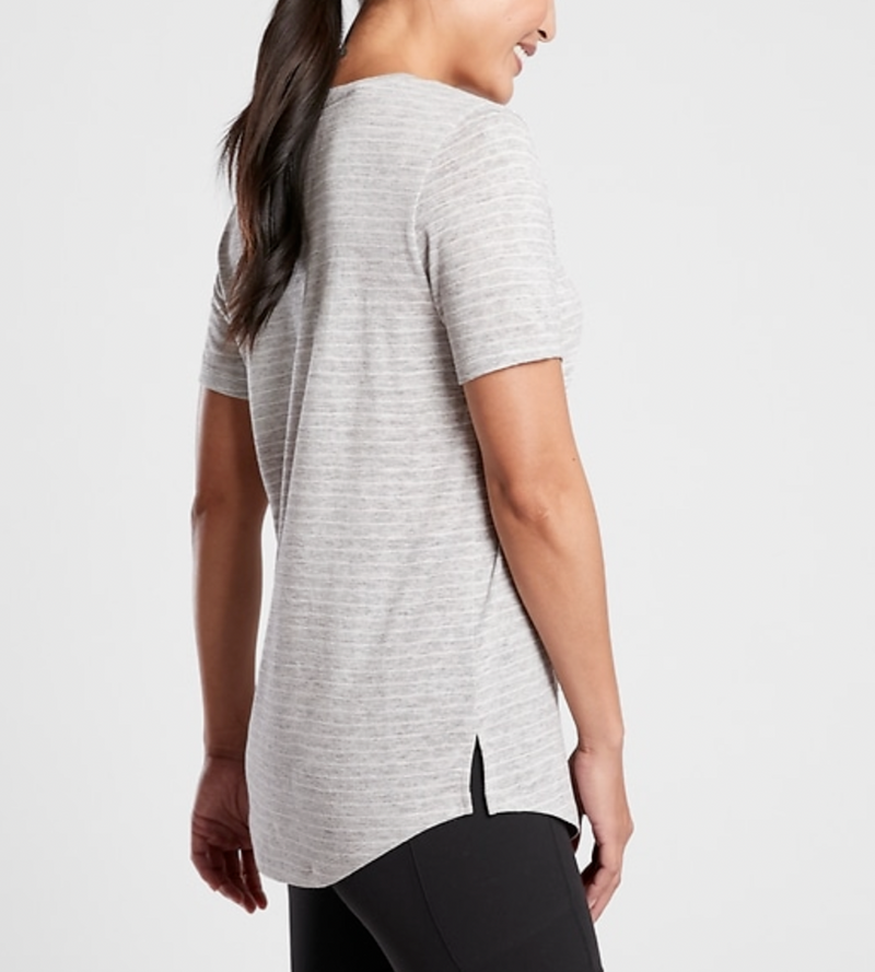 Athleta Heather Grey Striped Scoop V-Neck Short Sleeve Breezy Tee Top