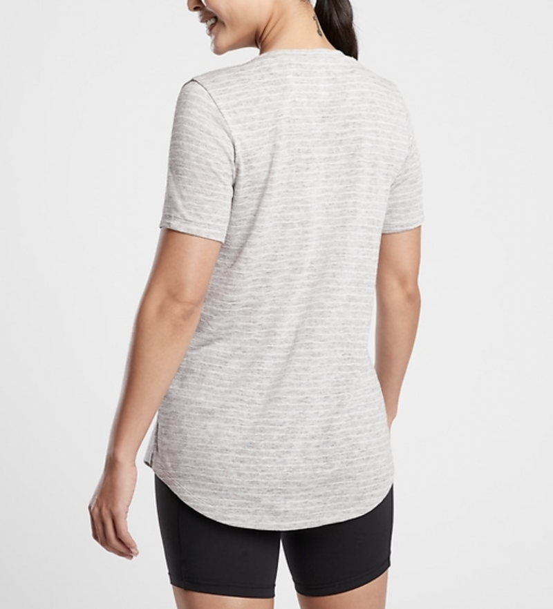 Athleta Heather Grey Striped Scoop V-Neck Short Sleeve Breezy Tee Top