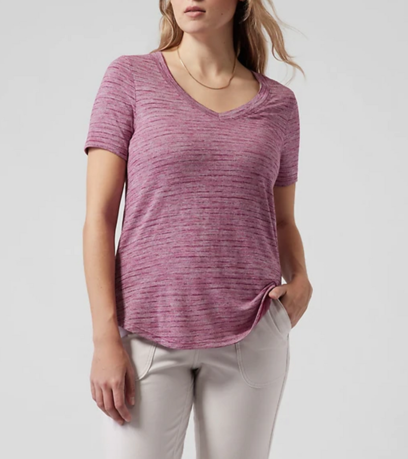 Athleta Stripe Bashful Rose Scoop V-Neck Short Sleeve Breezy Tee Top