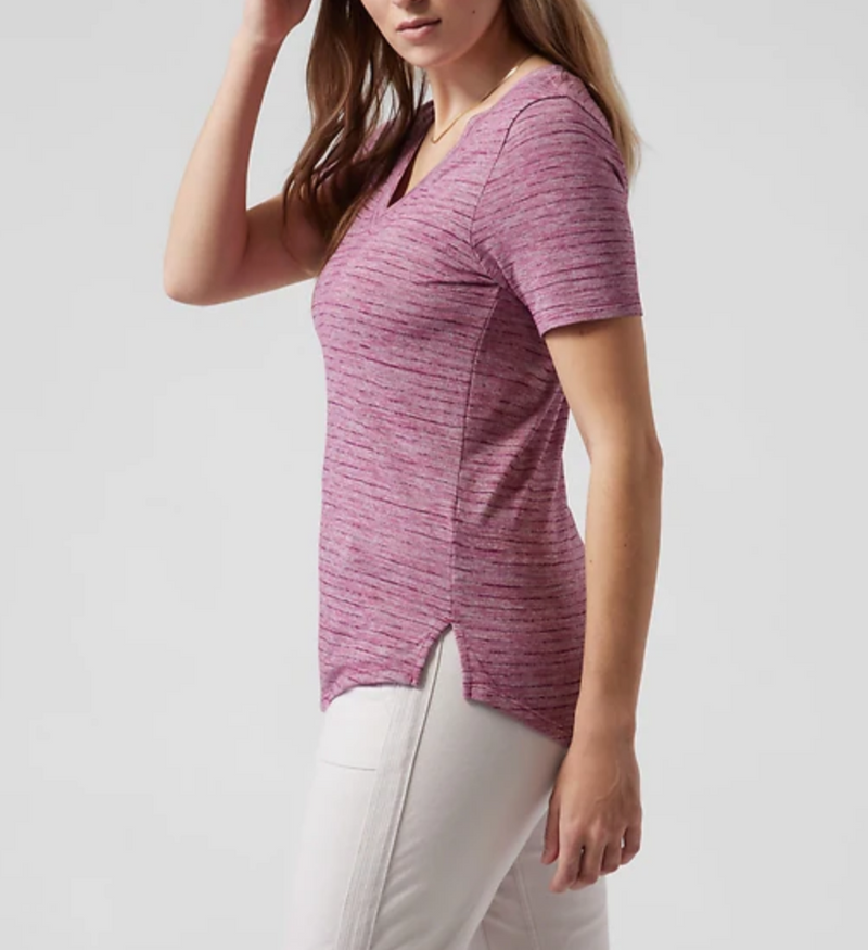 Athleta Stripe Bashful Rose Scoop V-Neck Short Sleeve Breezy Tee Top