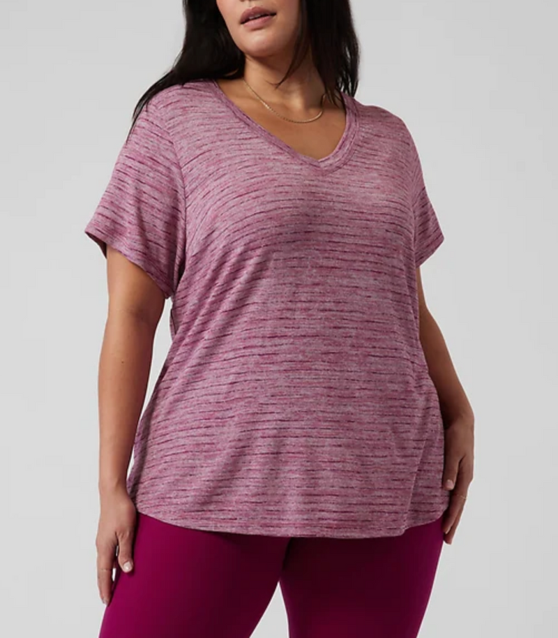 Athleta Stripe Bashful Rose Scoop V-Neck Short Sleeve Breezy Tee Top