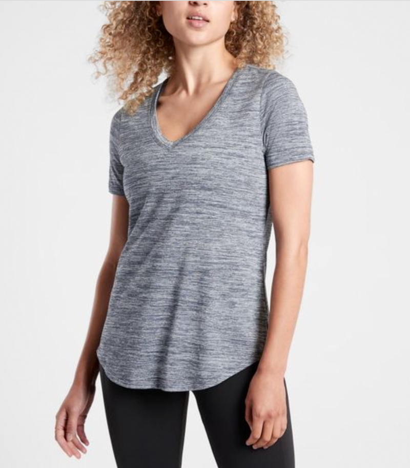 Athleta Flint Heather Grey Scoop V-Neck Short Sleeve Breezy Tee Top