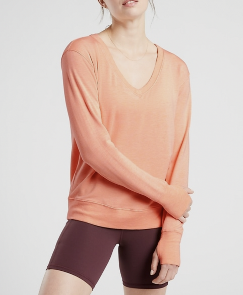 Athleta Beach Peach Long Sleeve Sunrise V-neck Sweatshirt