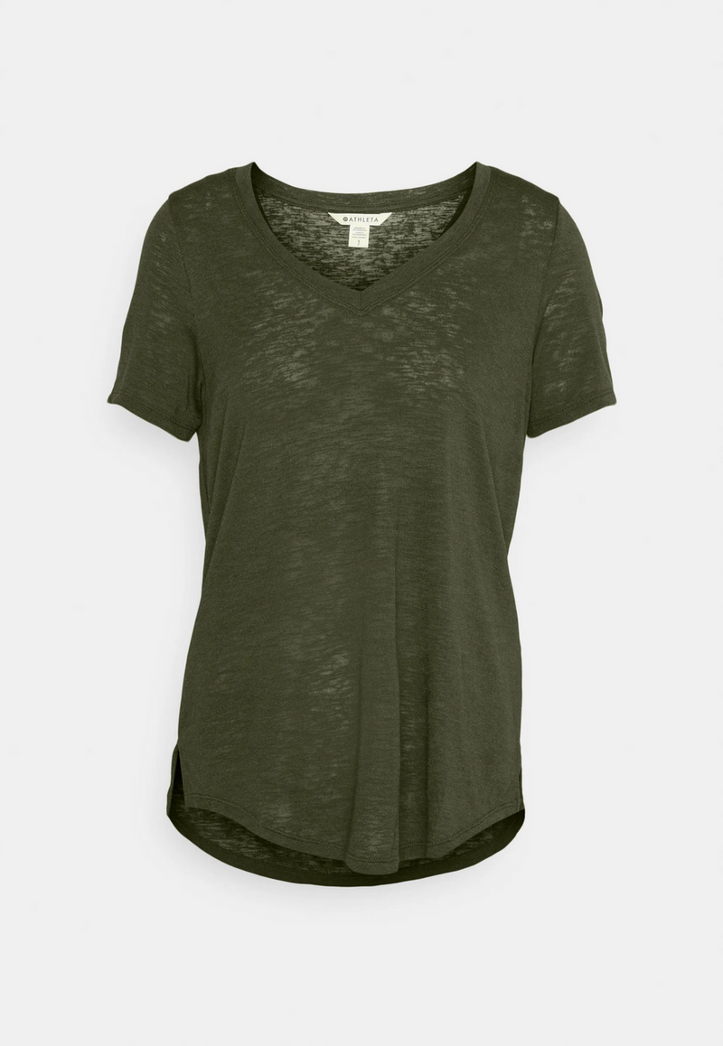Athleta Aspen Olive Scoop V-Neck Short Sleeve Breezy Tee Top