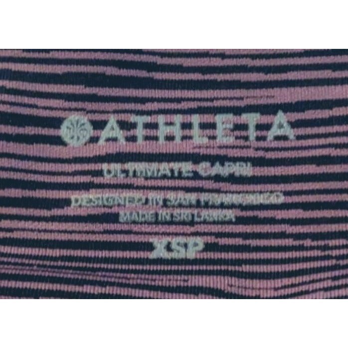 ATHLETA Volcanic Violet & Black Linear Lines Capri Leggings Side Pockets Size XSP