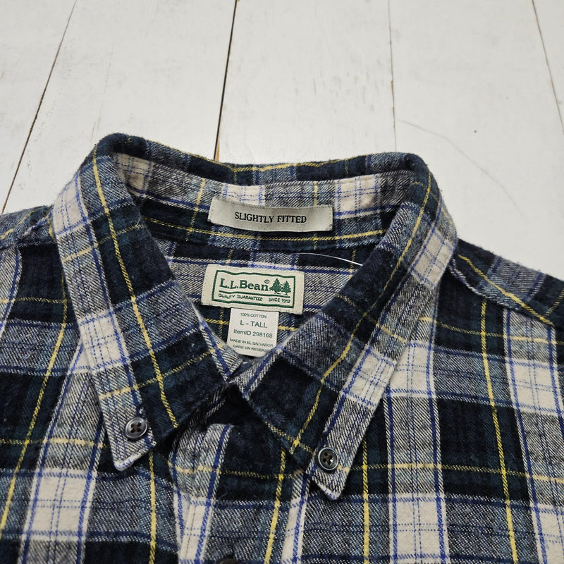 2010s LL Bean Green/White/Navy Plaid Slightly Fitted Button Down Flannel Shirt Size L/XL
