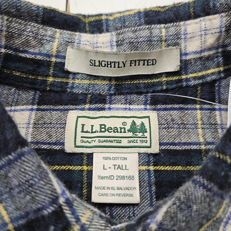 2010s LL Bean Green/White/Navy Plaid Slightly Fitted Button Down Flannel Shirt Size L/XL