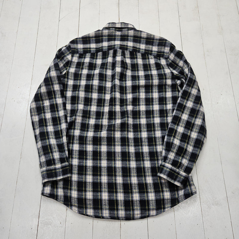 2010s LL Bean Green/White/Navy Plaid Slightly Fitted Button Down Flannel Shirt Size L/XL
