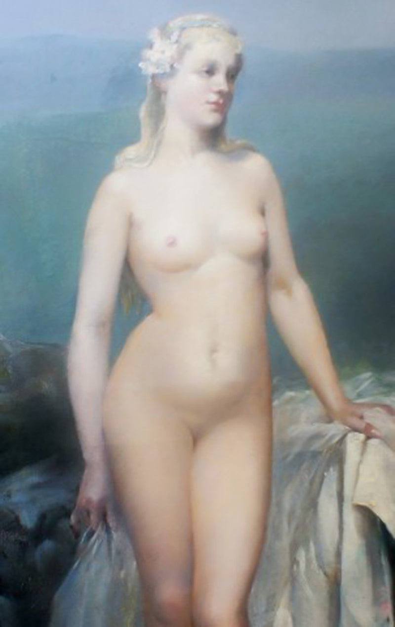 A large French oil painting, indistinctly signed, dated 1887. Young naked blonde woman.