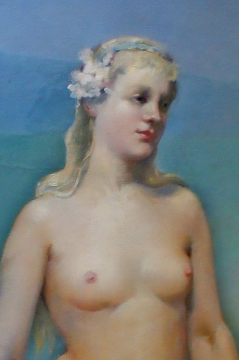A large French oil painting, indistinctly signed, dated 1887. Young naked blonde woman.