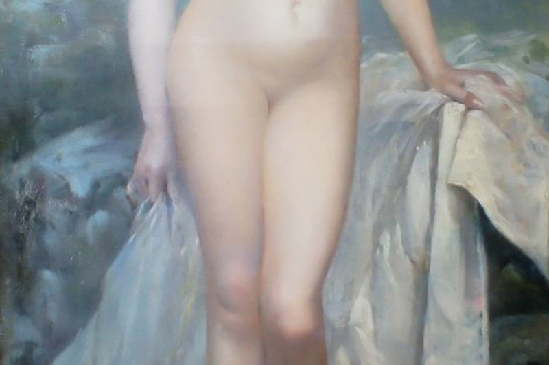 A large French oil painting, indistinctly signed, dated 1887. Young naked blonde woman.