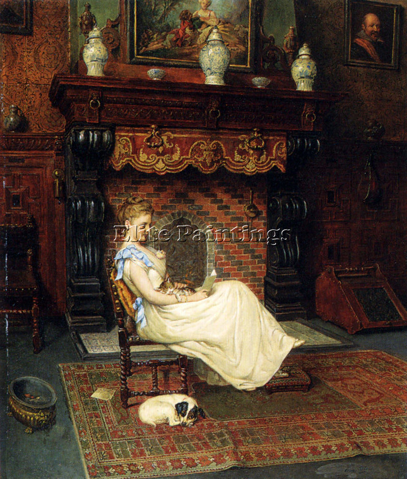 BELGIAN SIBERDT EUGENE BY THE FIRE ARTIST PAINTING REPRODUCTION HANDMADE OIL ART