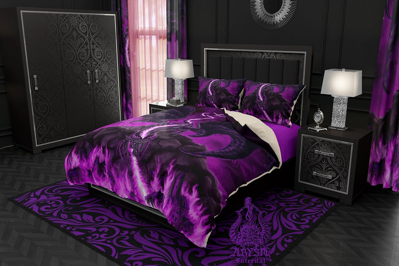 Gamer Bed Cover, Duvet or Comforter, Fire Dragon Bedding Set, Bedroom Decor, DM Gift, King, Queen & Twin Size - Pastel Goth, Black Purple