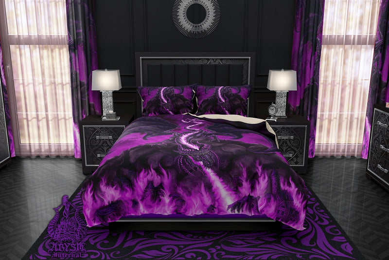 Gamer Bed Cover, Duvet or Comforter, Fire Dragon Bedding Set, Bedroom Decor, DM Gift, King, Queen & Twin Size - Pastel Goth, Black Purple