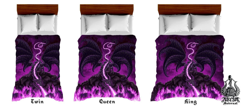 Gamer Bed Cover, Duvet or Comforter, Fire Dragon Bedding Set, Bedroom Decor, DM Gift, King, Queen & Twin Size - Pastel Goth, Black Purple