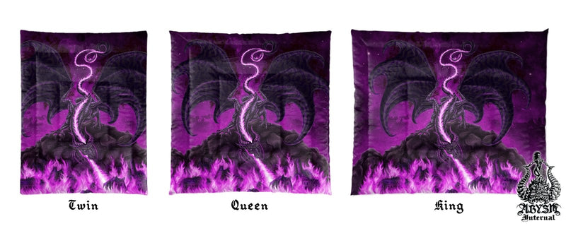 Gamer Bed Cover, Duvet or Comforter, Fire Dragon Bedding Set, Bedroom Decor, DM Gift, King, Queen & Twin Size - Pastel Goth, Black Purple
