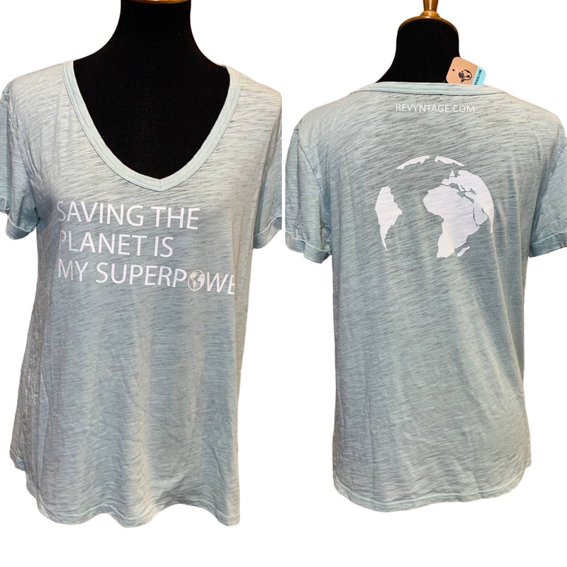 Hand Printed Upcycled Medium Saving the Planet is My Superpower Short Sleeve Tee