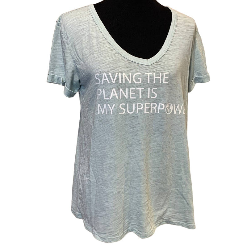 Hand Printed Upcycled Medium Saving the Planet is My Superpower Short Sleeve Tee